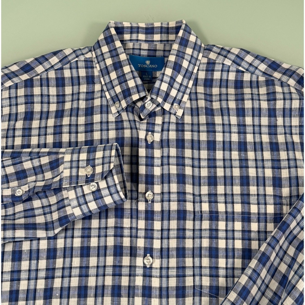 Toscano Linen Shirt Men's L Blue Plaid Long Sleeve Button Down Preppy
